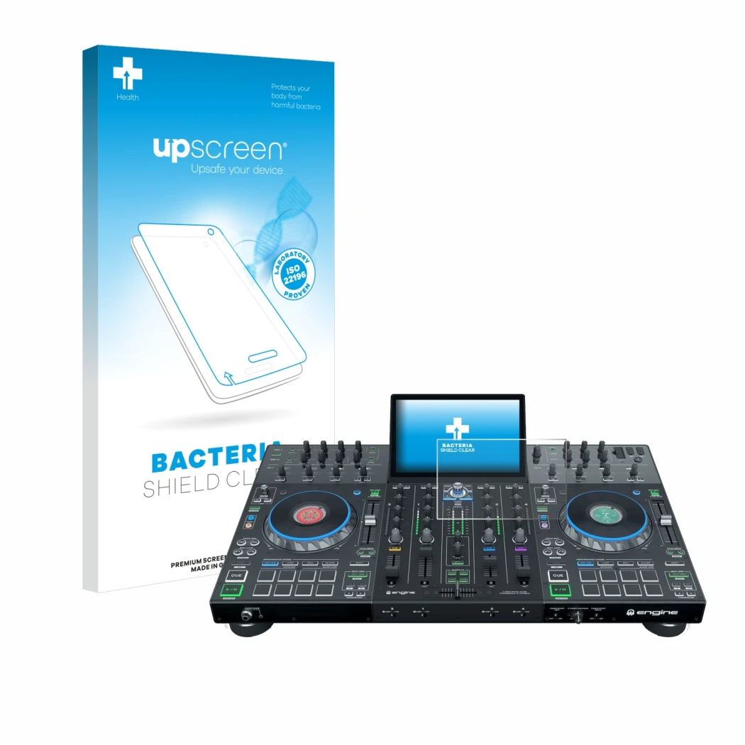 Face avant d’un emballage produit avec le logo de la marque upscreen. À côté, l’appareil Denon DJ Prime 4+ est représenté avec