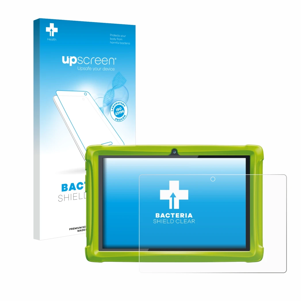 Face avant d’un emballage produit avec le logo de la marque upscreen. À côté, l’appareil Clementoni Clempad 10 est représenté 