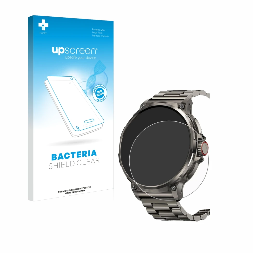 Face avant d’un emballage produit avec le logo de la marque upscreen. À côté, l’appareil Tesofit Smartwatch 1.85