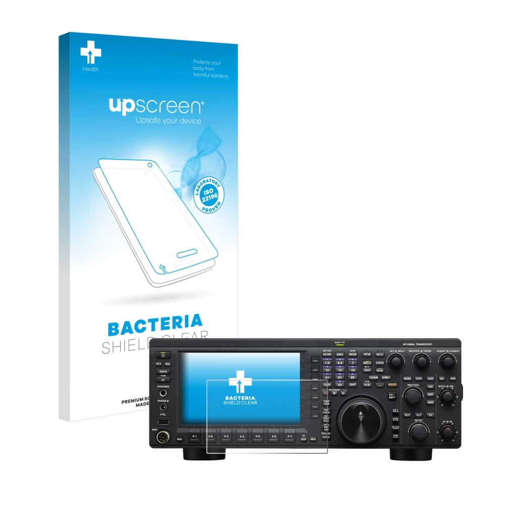 Face avant d’un emballage produit avec le logo de la marque upscreen. À côté, l’appareil Kenwood TS-890S est représenté avec l