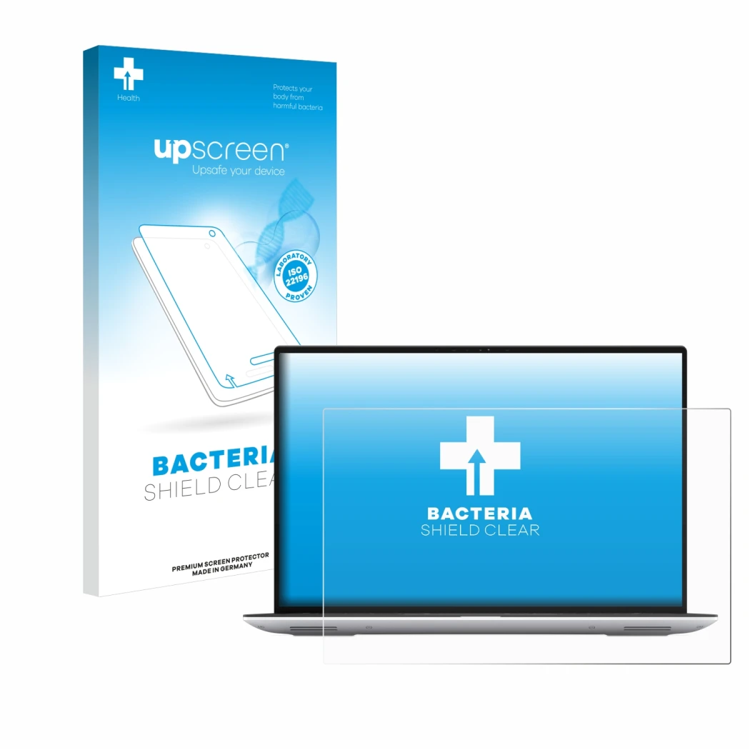 Face avant d’un emballage produit avec le logo de la marque upscreen. À côté, l’appareil Dell Precision 5480 Non-Touch est rep