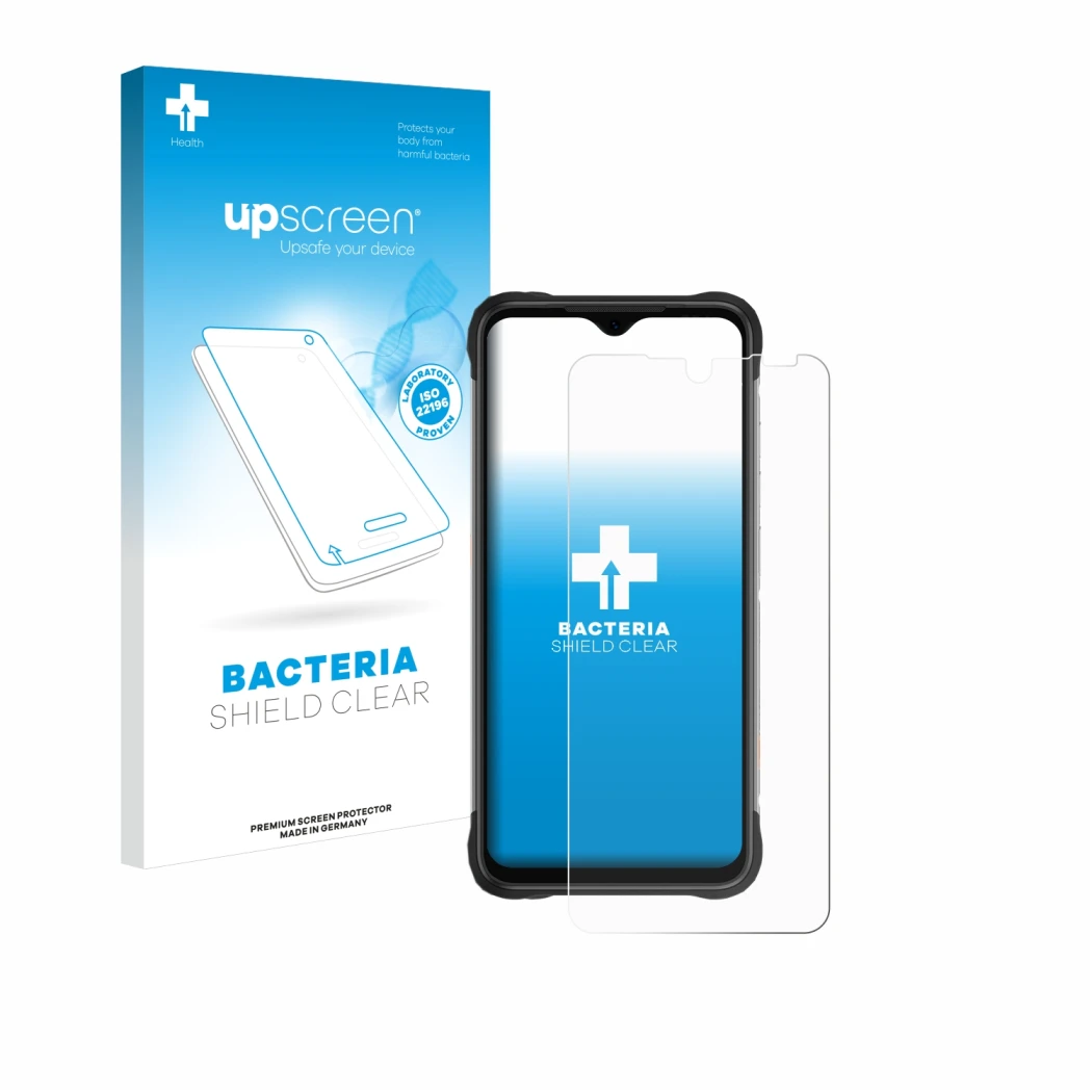 Face avant d’un emballage produit avec le logo de la marque upscreen. À côté, l’appareil Umidigi Bison X20 est représenté avec