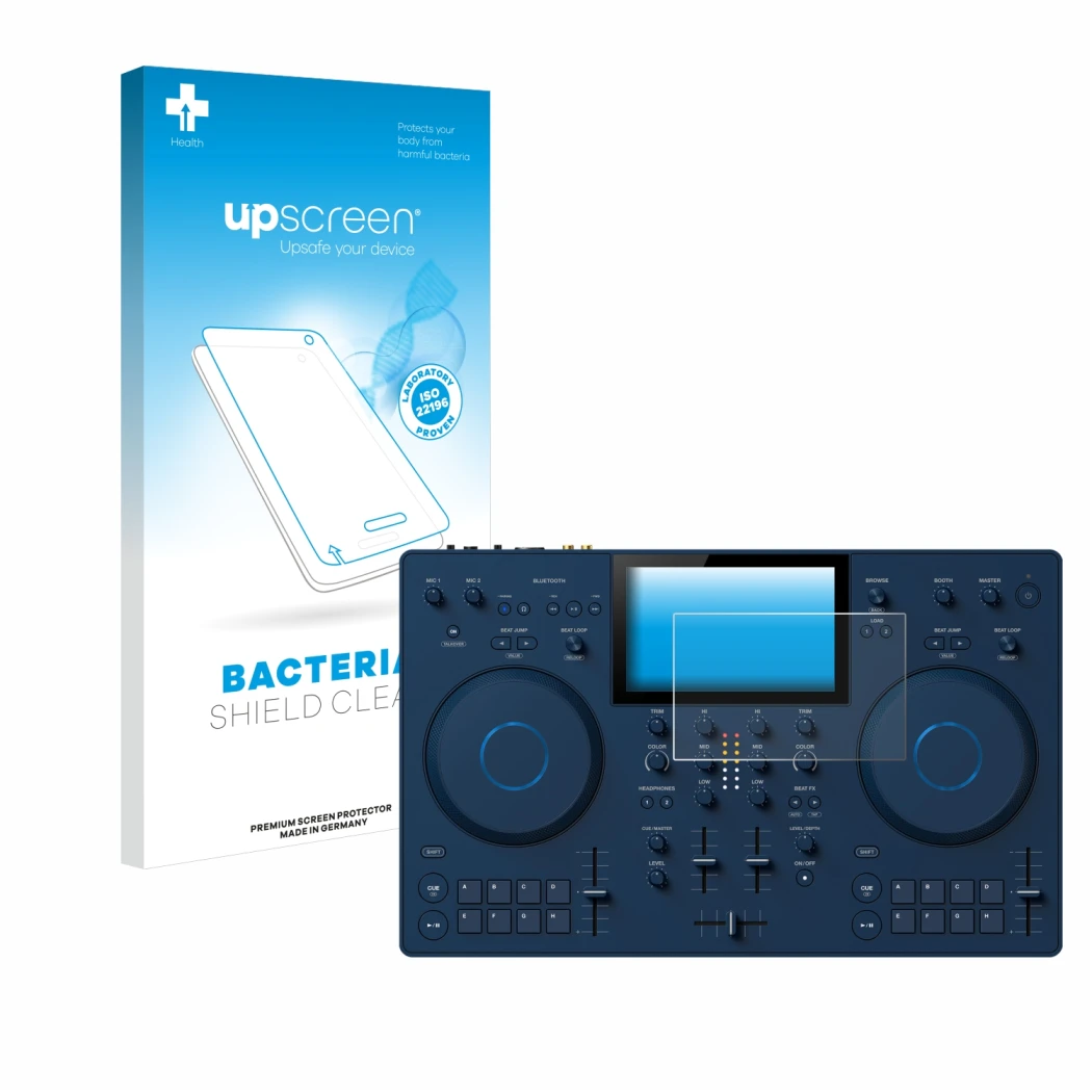 Face avant d’un emballage produit avec le logo de la marque upscreen. À côté, l’appareil AlphaTheta OMNIS-Duo est représenté a
