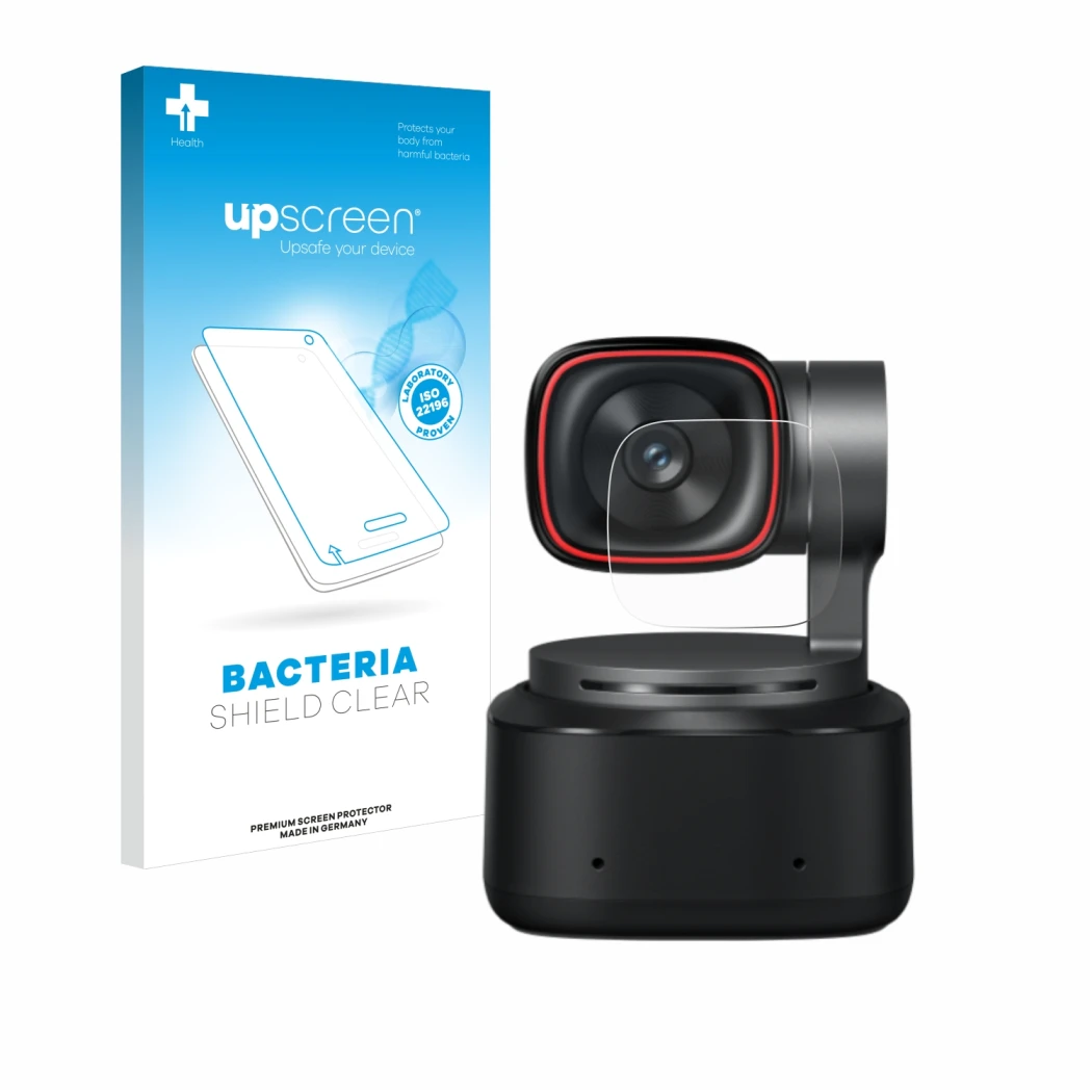 Face avant d’un emballage produit avec le logo de la marque upscreen. À côté, l’appareil OBSBOT Tiny 2 est représenté avec la 