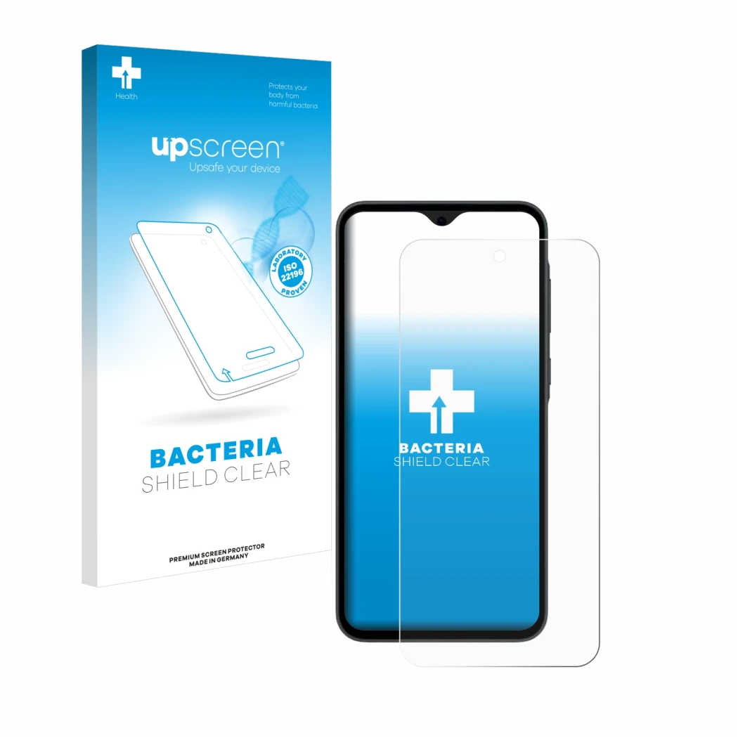 Face avant d’un emballage produit avec le logo de la marque upscreen. À côté, l’appareil Samsung Galaxy A35 5G est représenté 