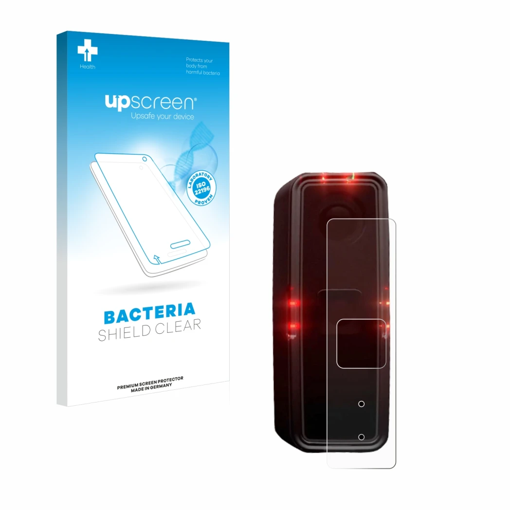 Face avant d’un emballage produit avec le logo de la marque upscreen. À côté, l’appareil Alps Alpine Ride Safety RS 1000 est r