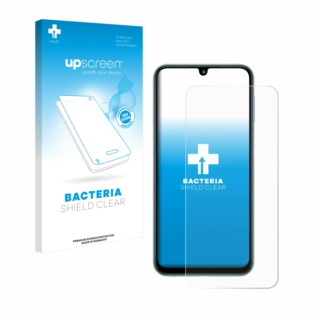 Face avant d’un emballage produit avec le logo de la marque upscreen. À côté, l’appareil Samsung Galaxy M34 est représenté ave