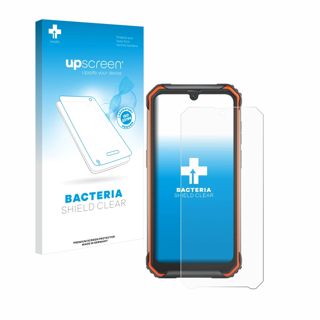 Face avant d’un emballage produit avec le logo de la marque upscreen. À côté, l’appareil Blackview BV7200 est représenté avec 