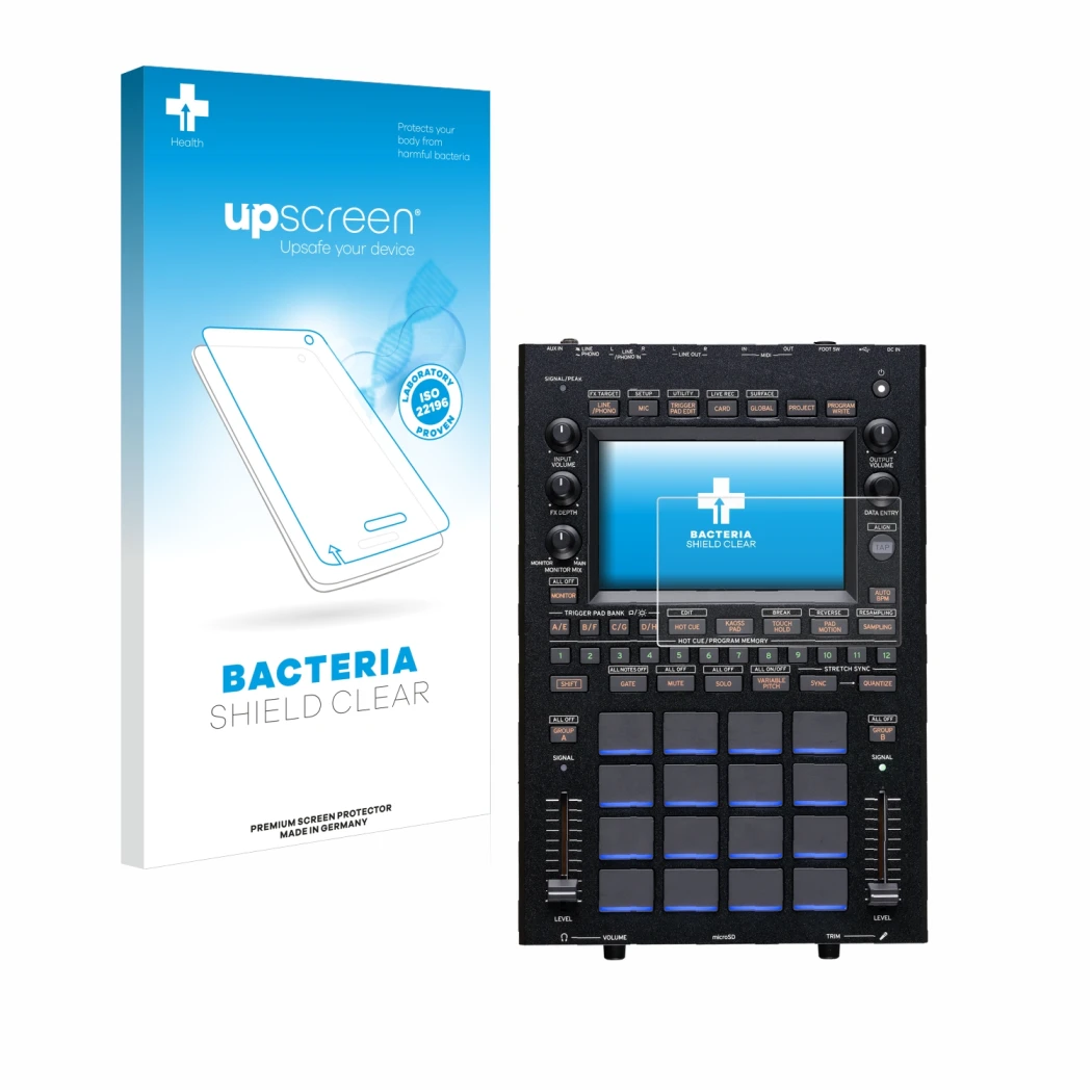 Face avant d’un emballage produit avec le logo de la marque upscreen. À côté, l’appareil KORG KAOSS Replay est représenté avec