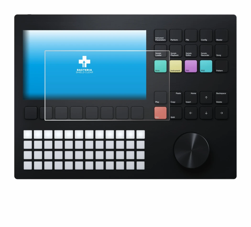 Image de l'appareil Polyend Tracker avec une grande variété de protections d'écran.