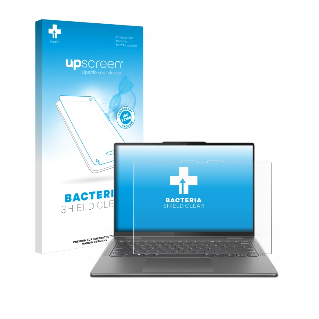 Face avant d’un emballage produit avec le logo de la marque upscreen. À côté, l’appareil Lenovo Yoga 7 2-in-1 Gen 9 14