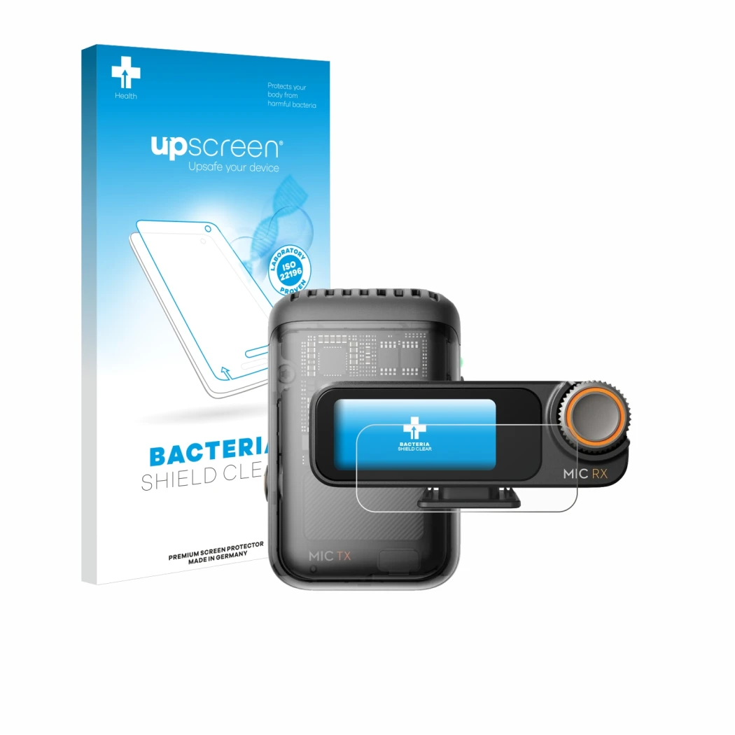 Face avant d’un emballage produit avec le logo de la marque upscreen. À côté, l’appareil DJI Mic 2 (Receiver) est représenté a