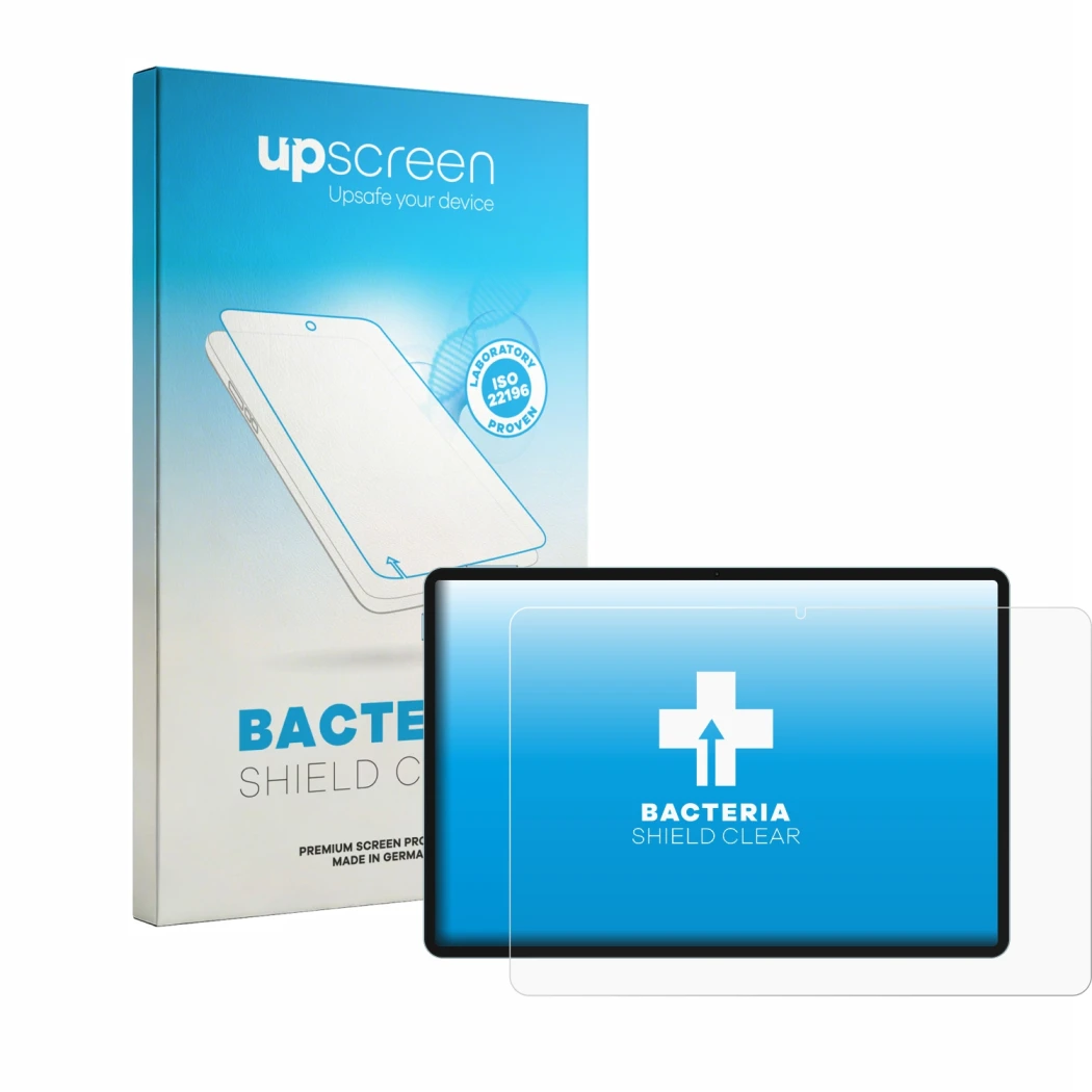 Face avant d’un emballage produit avec le logo de la marque upscreen. À côté, l’appareil Teclast P50 est représenté avec la pr