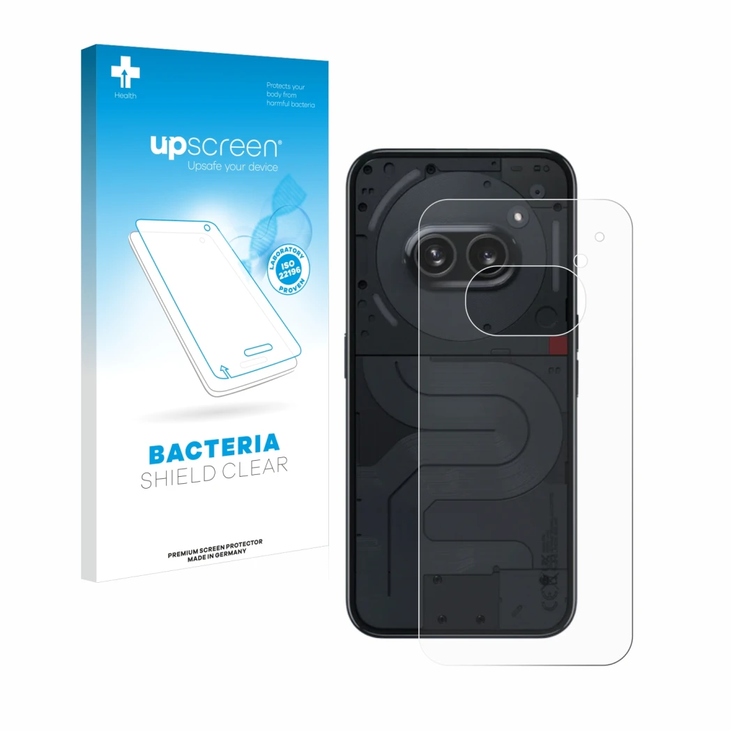 Face avant d’un emballage produit avec le logo de la marque upscreen. À côté, l’appareil Nothing Phone (2a) (Arrière) est repr