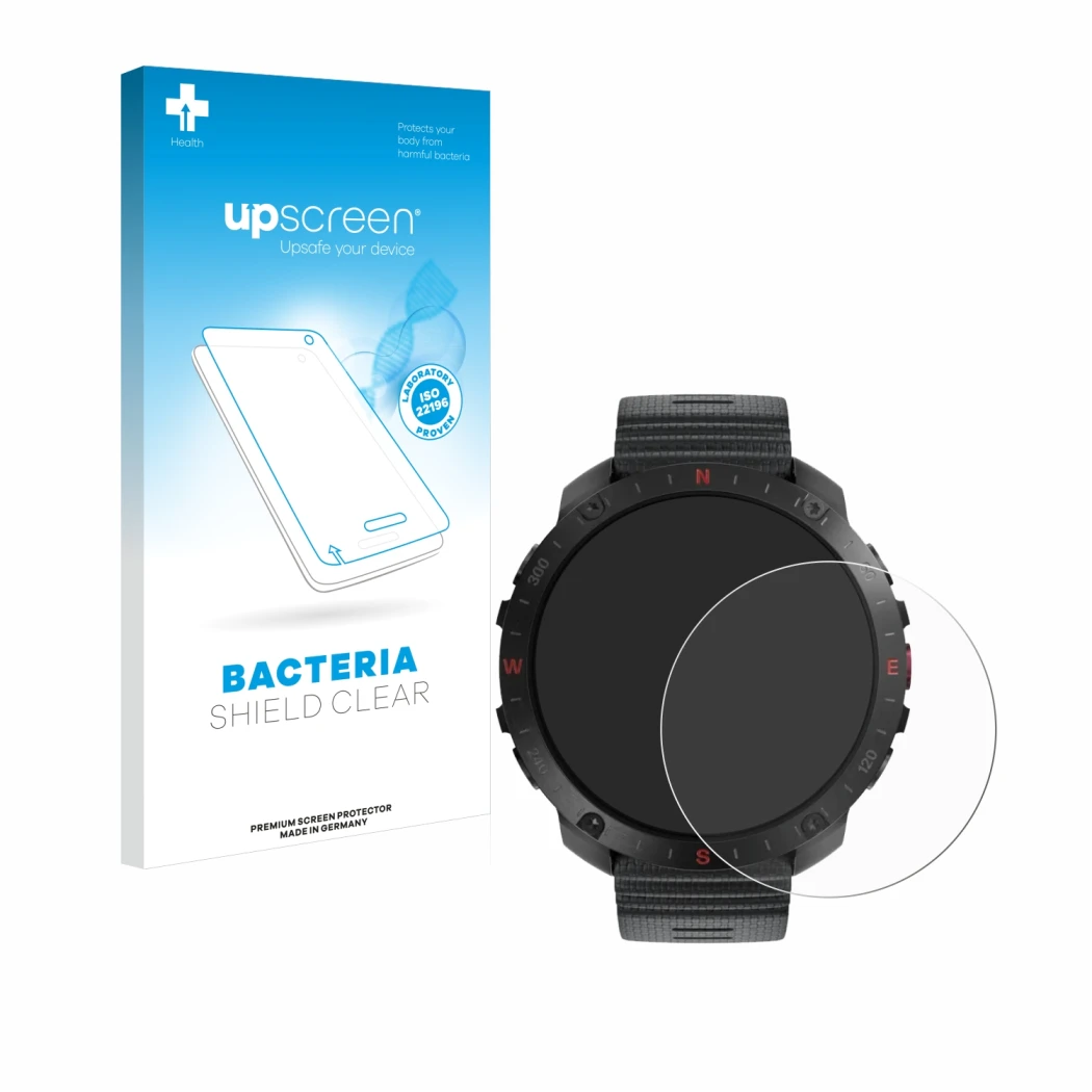 Face avant d’un emballage produit avec le logo de la marque upscreen. À côté, l’appareil Polar Grit X2 Pro est représenté avec