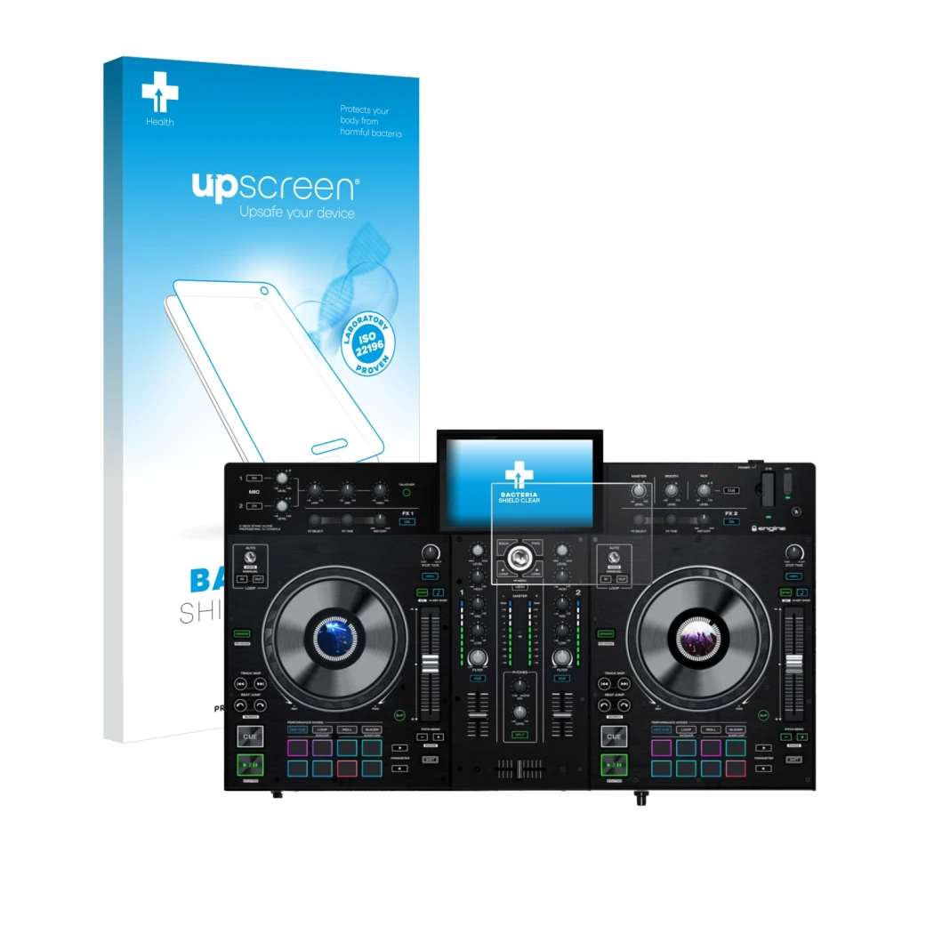 Face avant d’un emballage produit avec le logo de la marque upscreen. À côté, l’appareil Denon DJ Prime 2 est représenté avec
