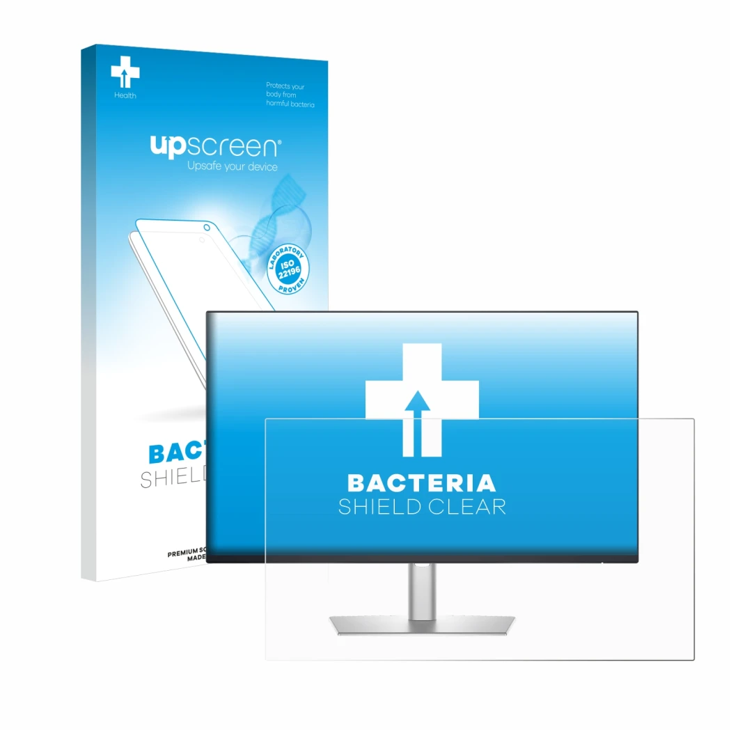 Face avant d’un emballage produit avec le logo de la marque upscreen. À côté, l’appareil Dell Professional P2425H est représen