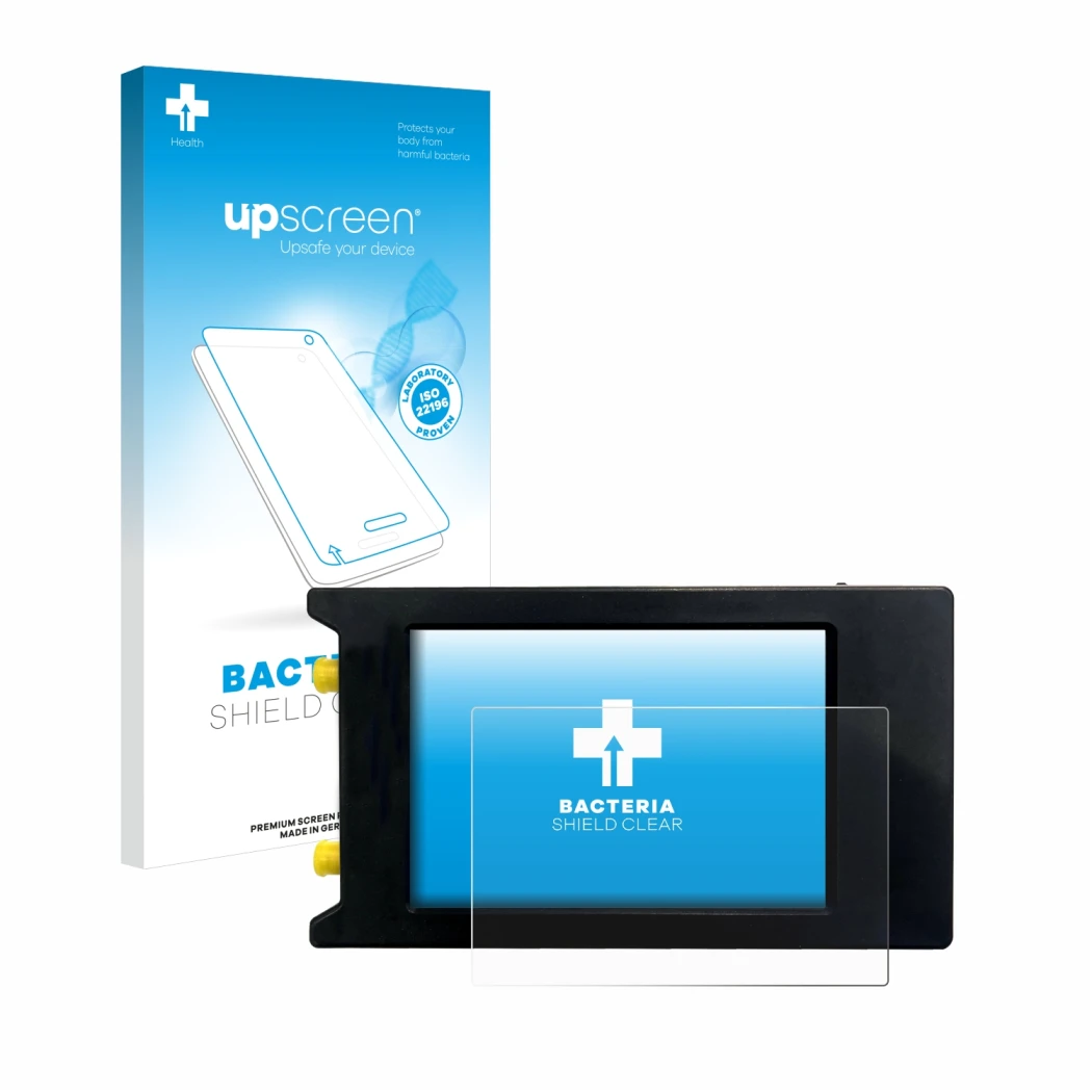 Face avant d’un emballage produit avec le logo de la marque upscreen. À côté, l’appareil LiteVNA 64 est représenté avec la pro
