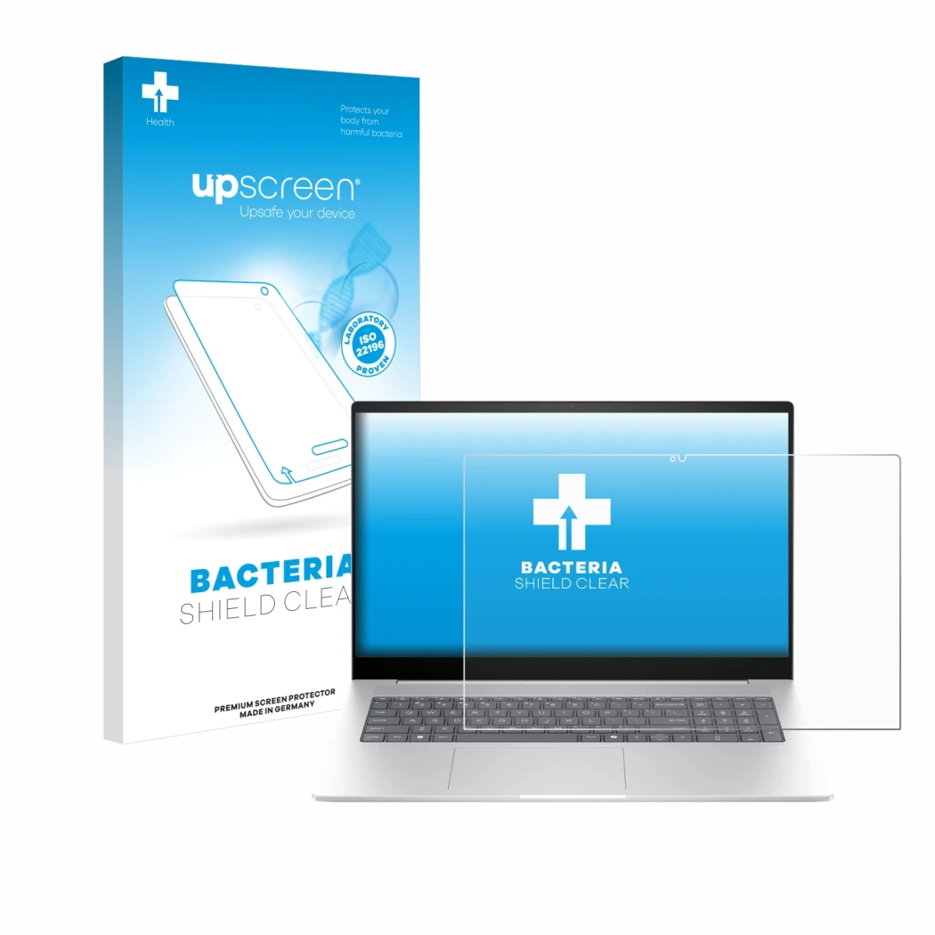 Face avant d’un emballage produit avec le logo de la marque upscreen. À côté, l’appareil HP Envy 17 2024 est représenté avec l