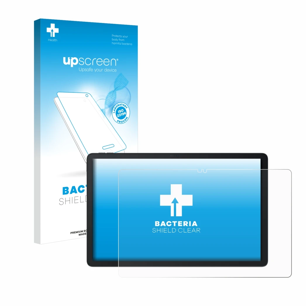 Face avant d’un emballage produit avec le logo de la marque upscreen. À côté, l’appareil Blackview MEGA 1 est représenté avec 