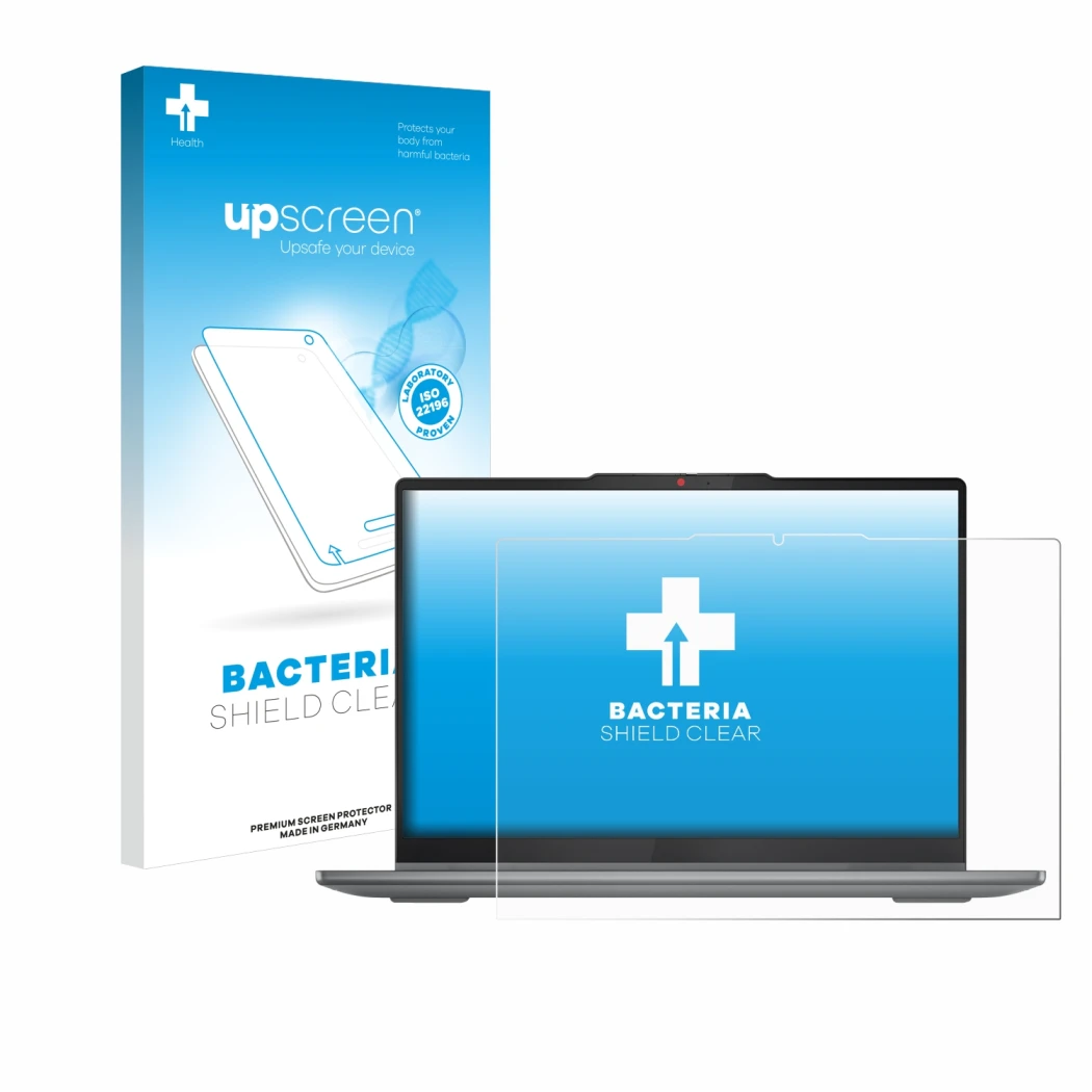 Face avant d’un emballage produit avec le logo de la marque upscreen. À côté, l’appareil Lenovo IdeaPad 5 2-in-1 14AHP9 est re