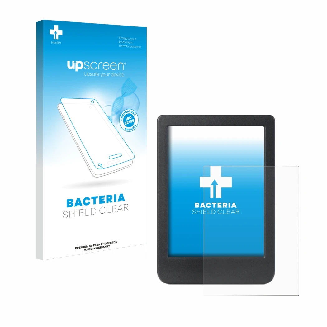 Face avant d’un emballage produit avec le logo de la marque upscreen. À côté, l’appareil Kobo Clara Colour est représenté avec