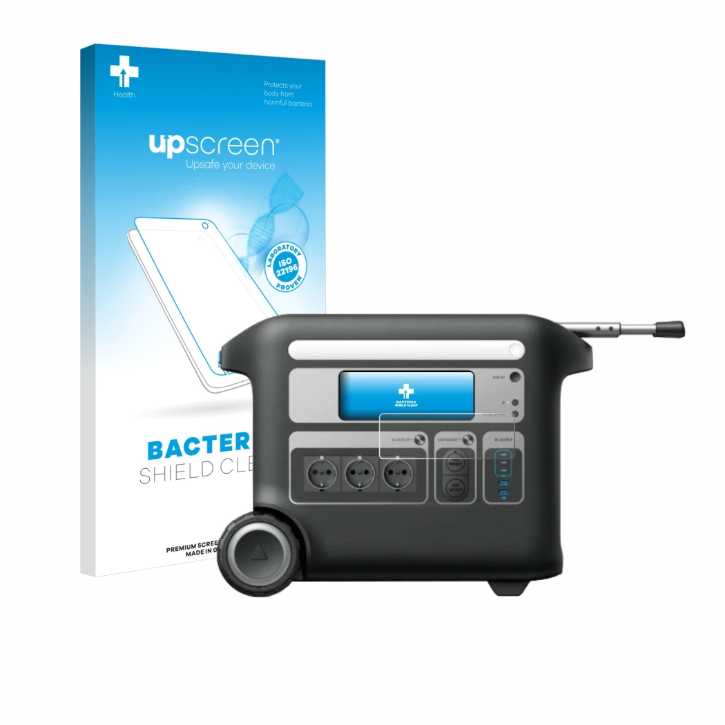Face avant d’un emballage produit avec le logo de la marque upscreen. À côté, l’appareil Anker SOLIX F2000 est représenté avec