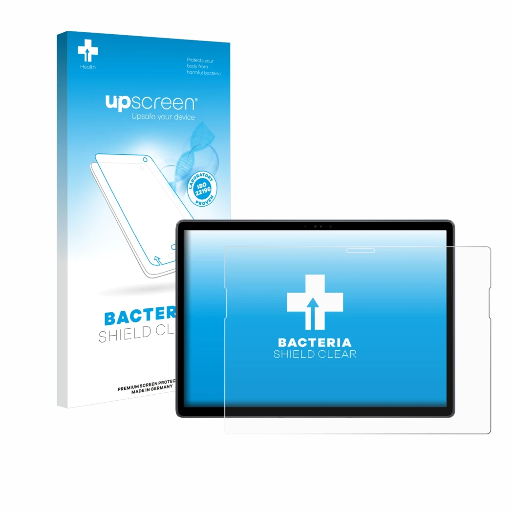 Face avant d’un emballage produit avec le logo de la marque upscreen. À côté, l’appareil Dell Latitude 7350 Detachable est rep