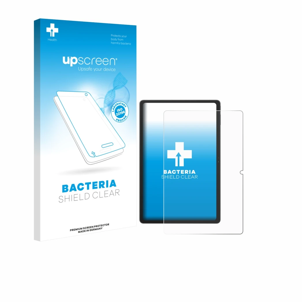 Face avant d’un emballage produit avec le logo de la marque upscreen. À côté, l’appareil Blackview Tab 16 Pro est représenté a