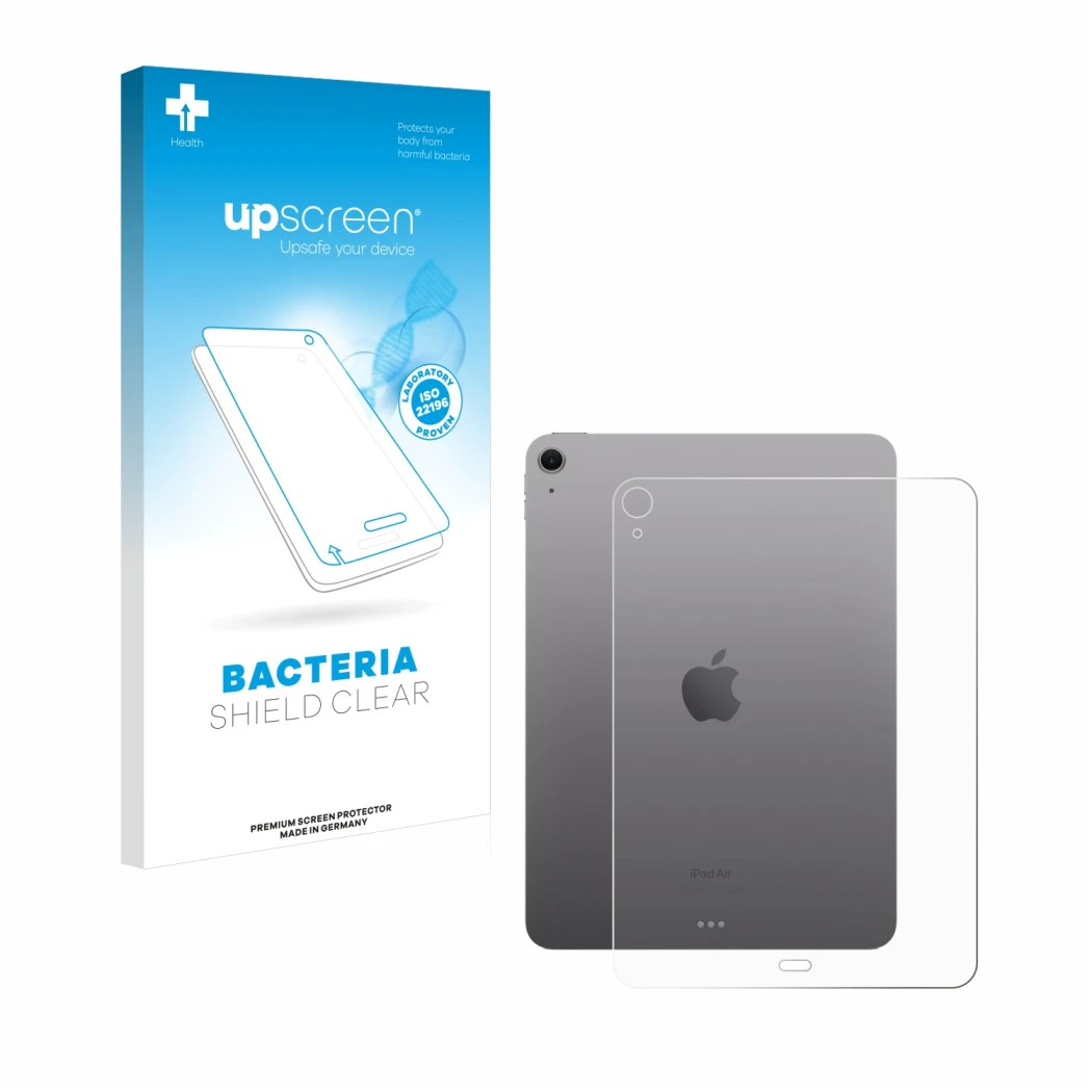 Face avant d’un emballage produit avec le logo de la marque upscreen. À côté, l’appareil Apple iPad Air 11