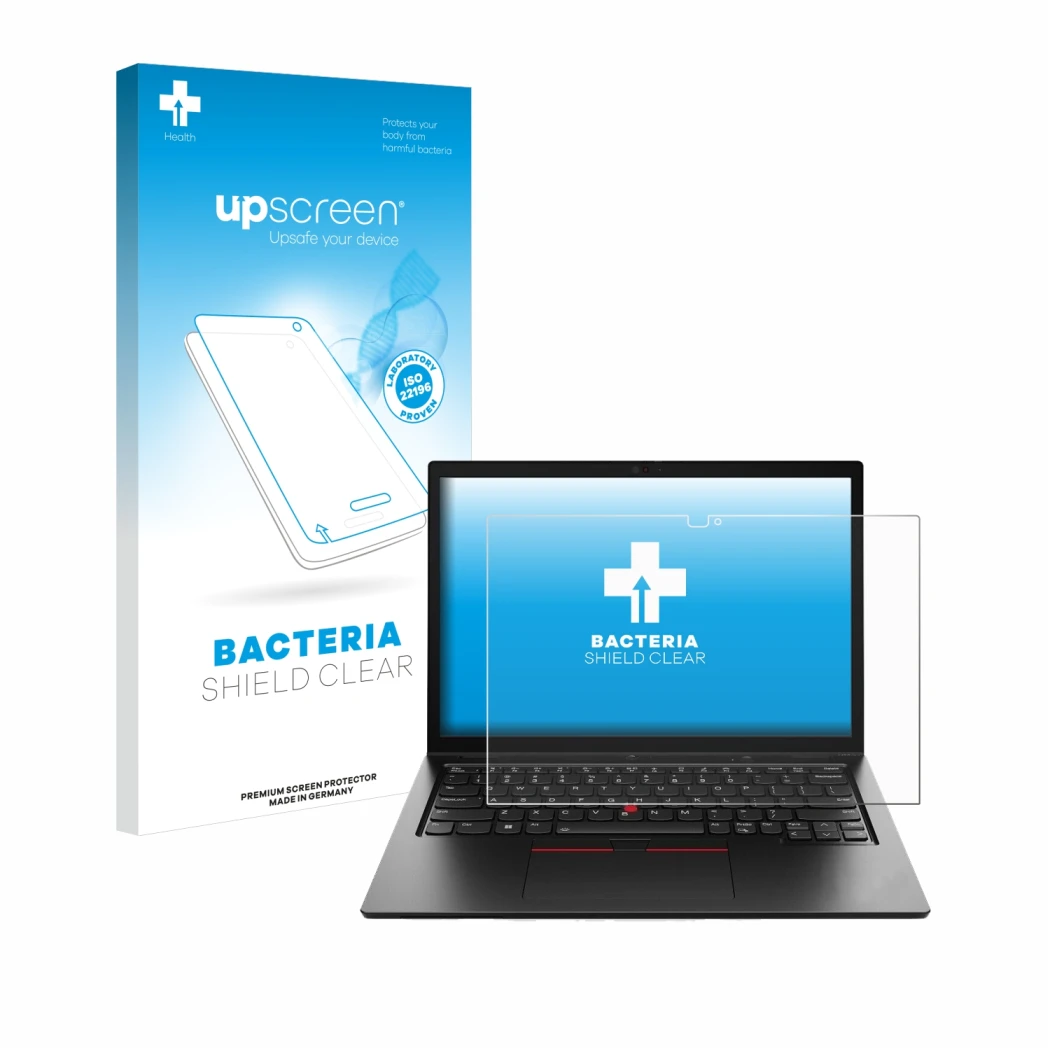 Face avant d’un emballage produit avec le logo de la marque upscreen. À côté, l’appareil Lenovo ThinkPad L13 2-in-1 Gen 5 est 