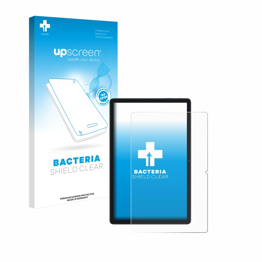 Face avant d’un emballage produit avec le logo de la marque upscreen. À côté, l’appareil Blackview Tab 80 est représenté avec 