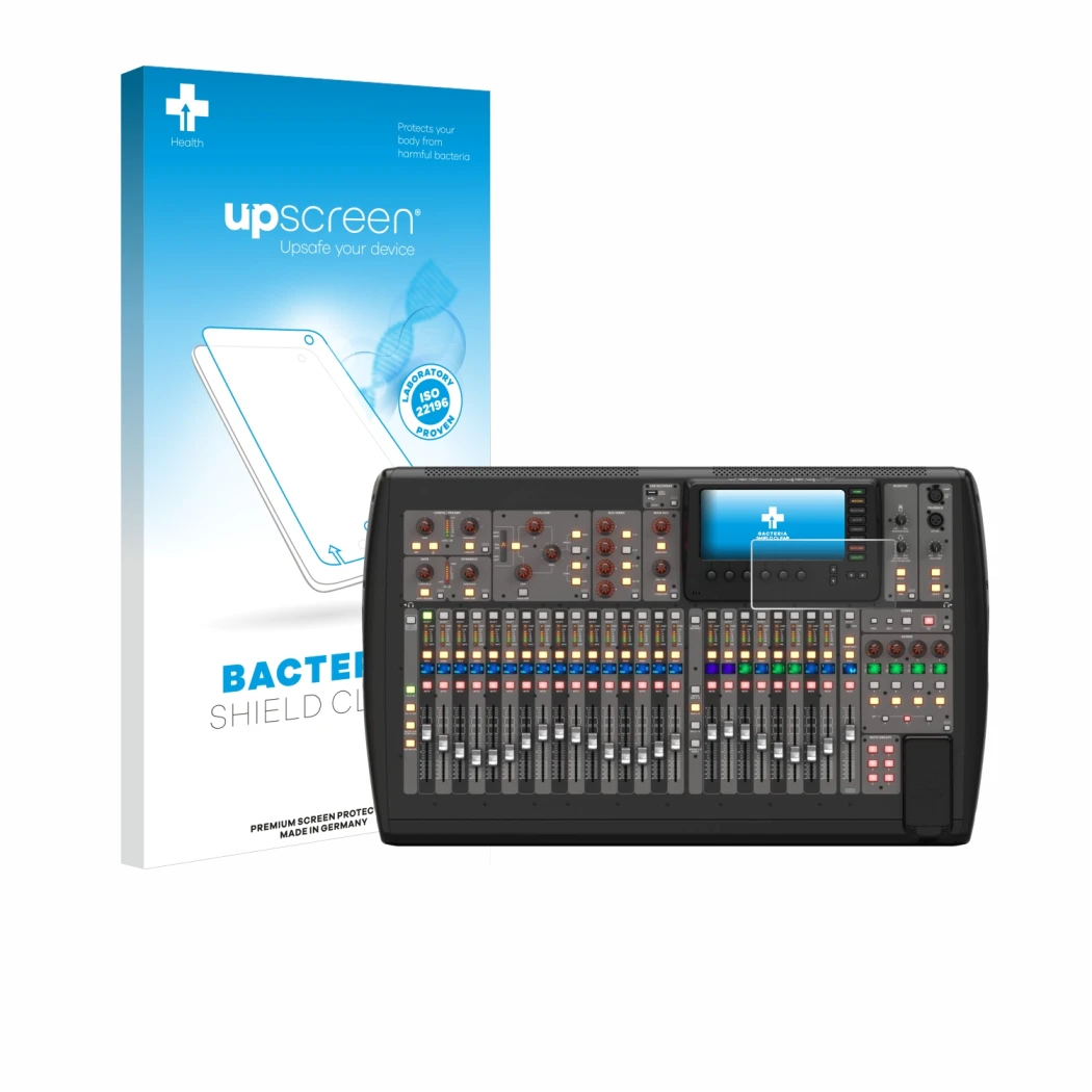 Face avant d’un emballage produit avec le logo de la marque upscreen. À côté, l’appareil Behringer X32 est représenté avec la