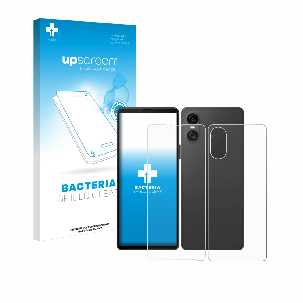 Face avant d’un emballage produit avec le logo de la marque upscreen. À côté, l’appareil Sony Xperia 10 VI (Avant+Arrière) est