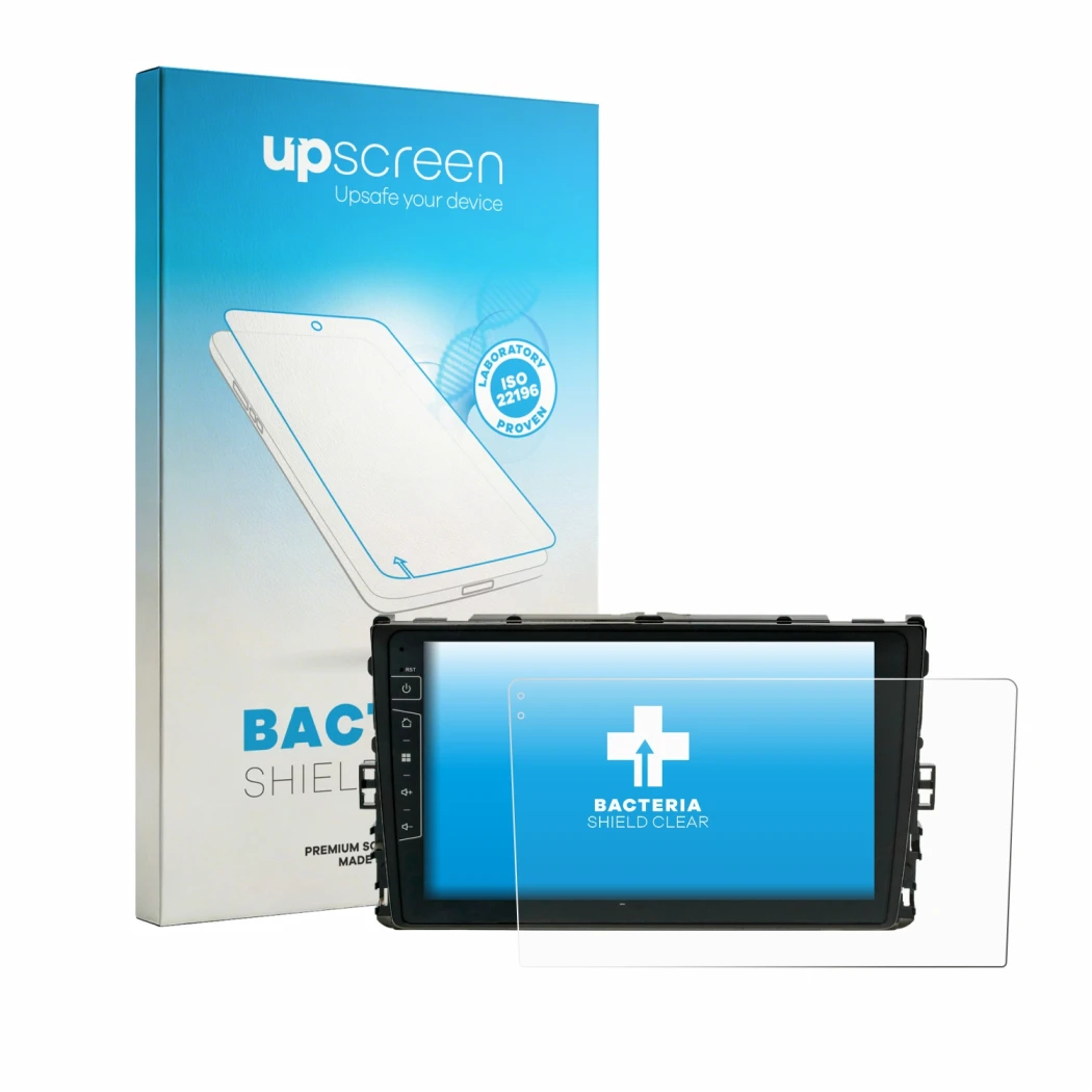 Face avant d’un emballage produit avec le logo de la marque upscreen. À côté, l’appareil Dynavin D9-T6 est représenté avec la 