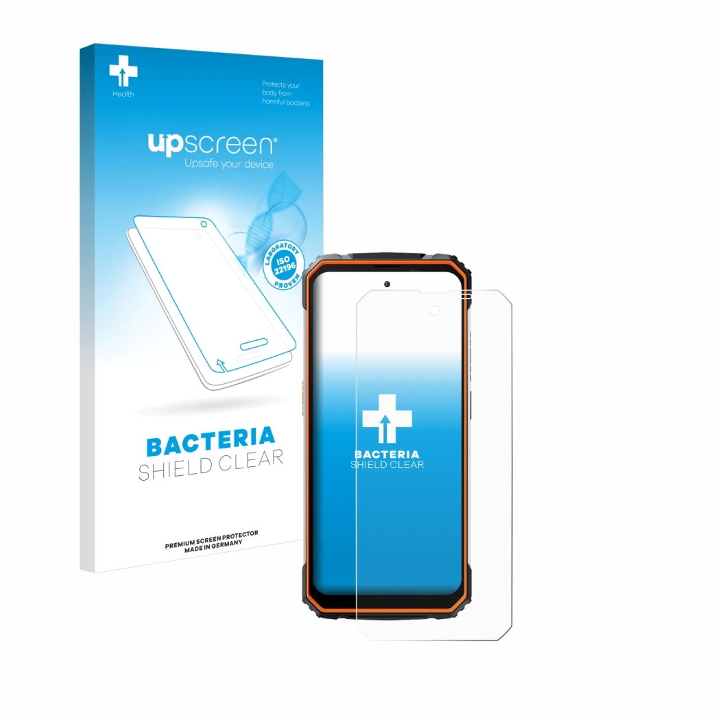 Face avant d’un emballage produit avec le logo de la marque upscreen. À côté, l’appareil Blackview BV8100 est représenté avec 