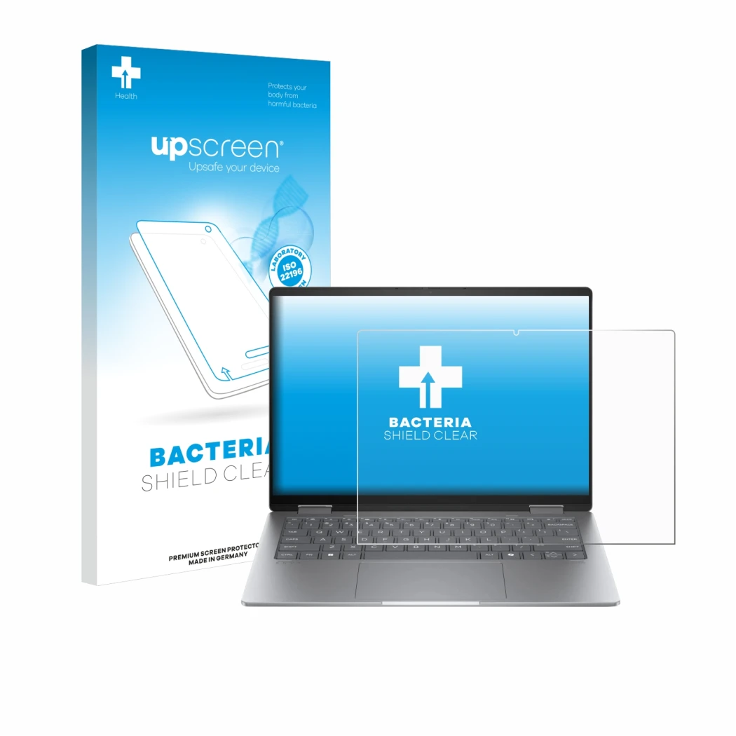 Face avant d’un emballage produit avec le logo de la marque upscreen. À côté, l’appareil HP Envy x360 14 2-in-1 est représenté