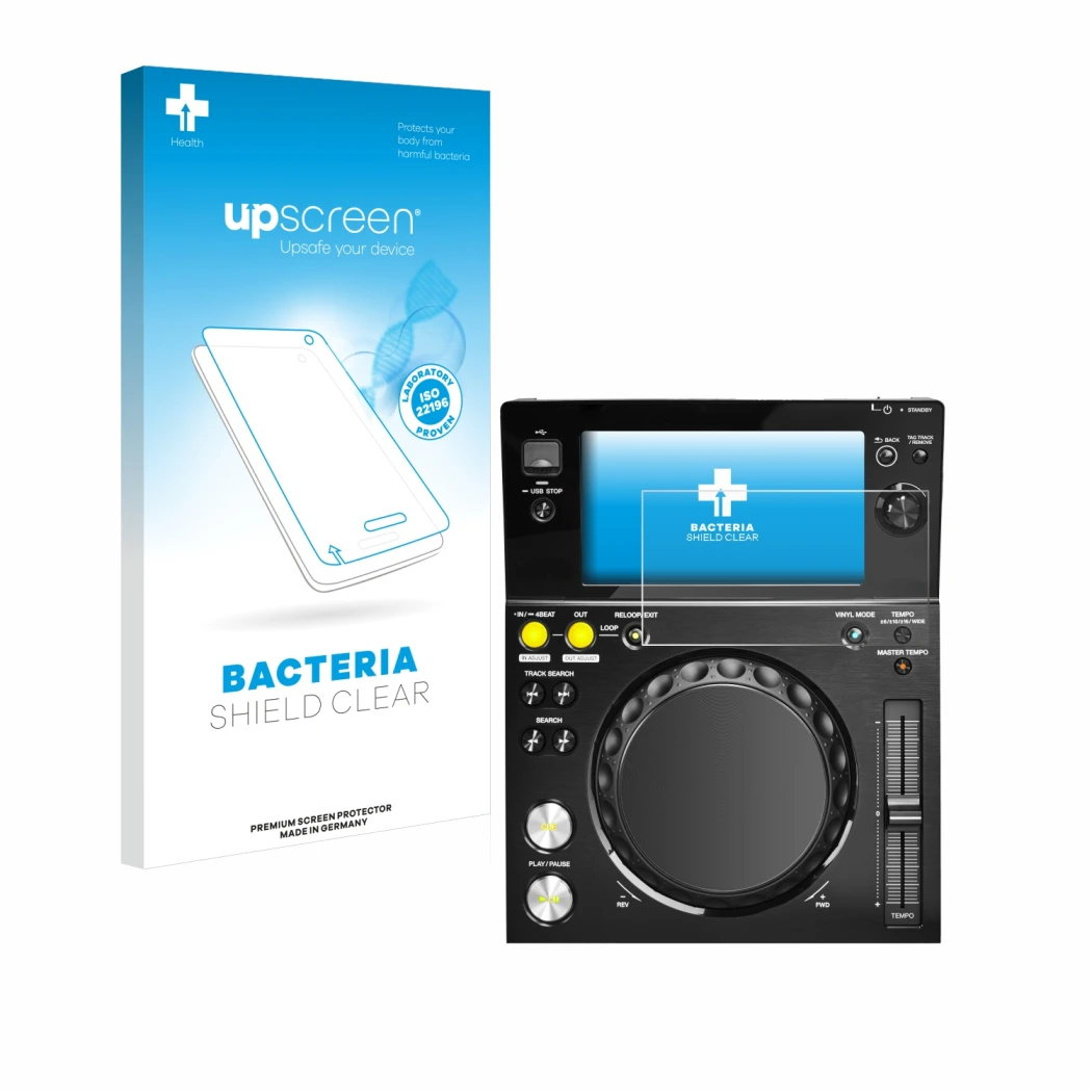 Face avant d’un emballage produit avec le logo de la marque upscreen. À côté, l’appareil Pioneer XDJ -700 est représenté avec 