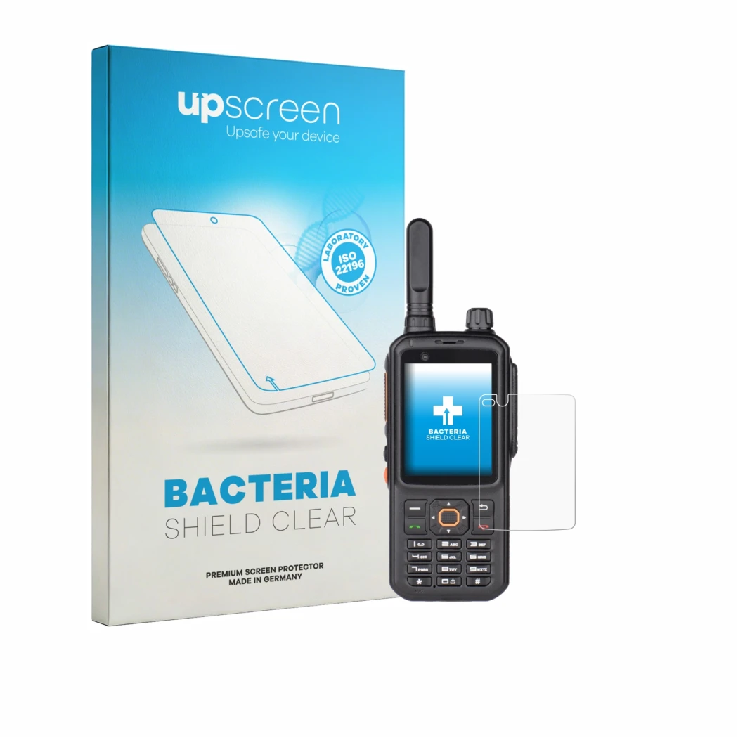 Face avant d’un emballage produit avec le logo de la marque upscreen. À côté, l’appareil Inrico T320 est représenté avec la pr