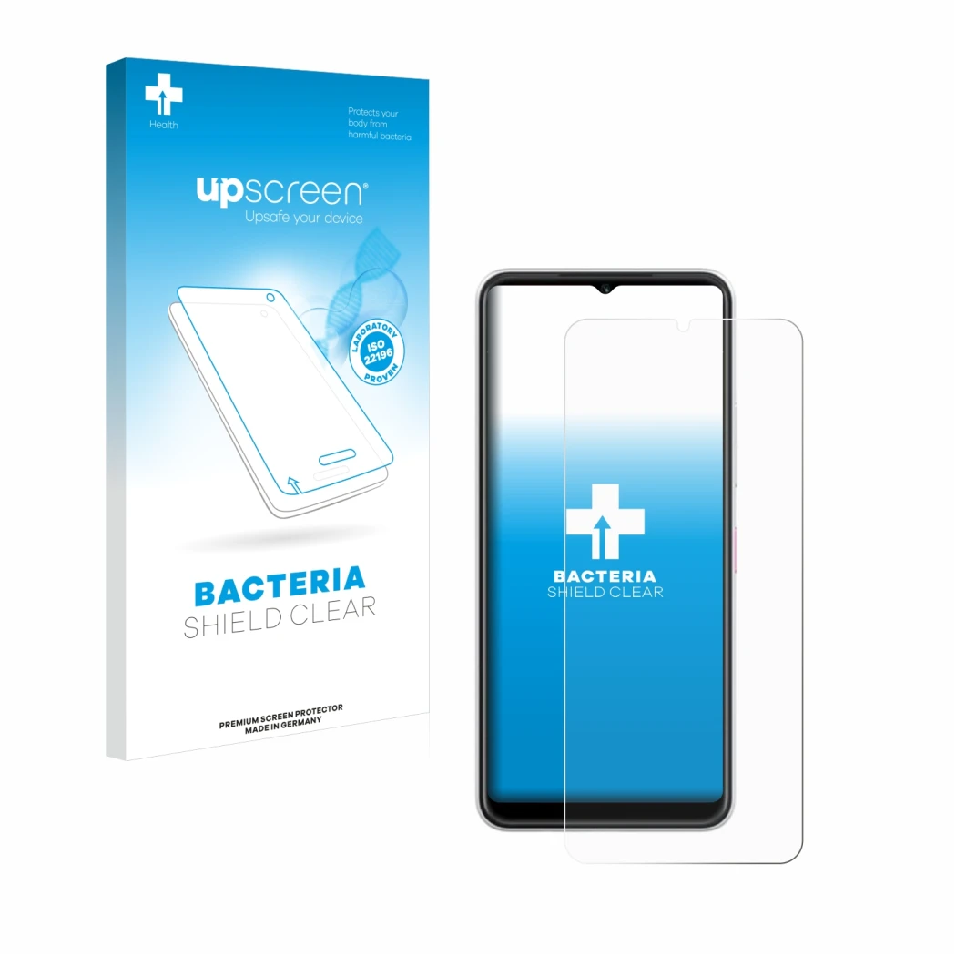 Face avant d’un emballage produit avec le logo de la marque upscreen. À côté, l’appareil Telekom T Phone 2 est représenté avec