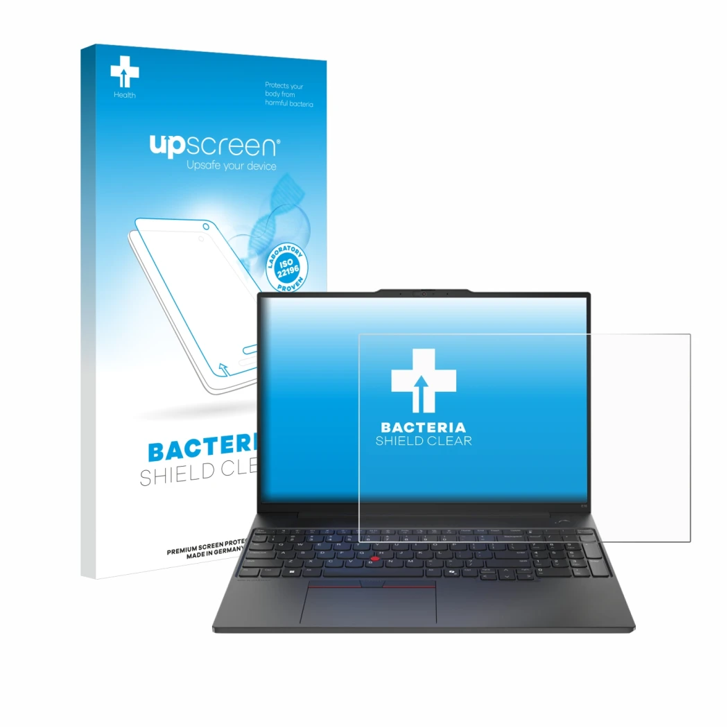 Face avant d’un emballage produit avec le logo de la marque upscreen. À côté, l’appareil Lenovo ThinkPad E16 Gen 2 est représe