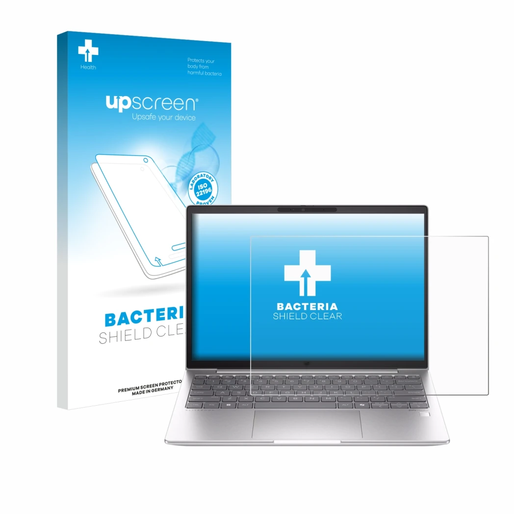 Face avant d’un emballage produit avec le logo de la marque upscreen. À côté, l’appareil HP EliteBook 630 G11 est représenté a