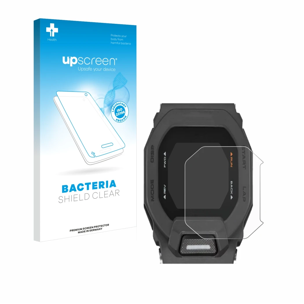 Face avant d’un emballage produit avec le logo de la marque upscreen. À côté, l’appareil Casio G-Shock GBD-200 est représenté 