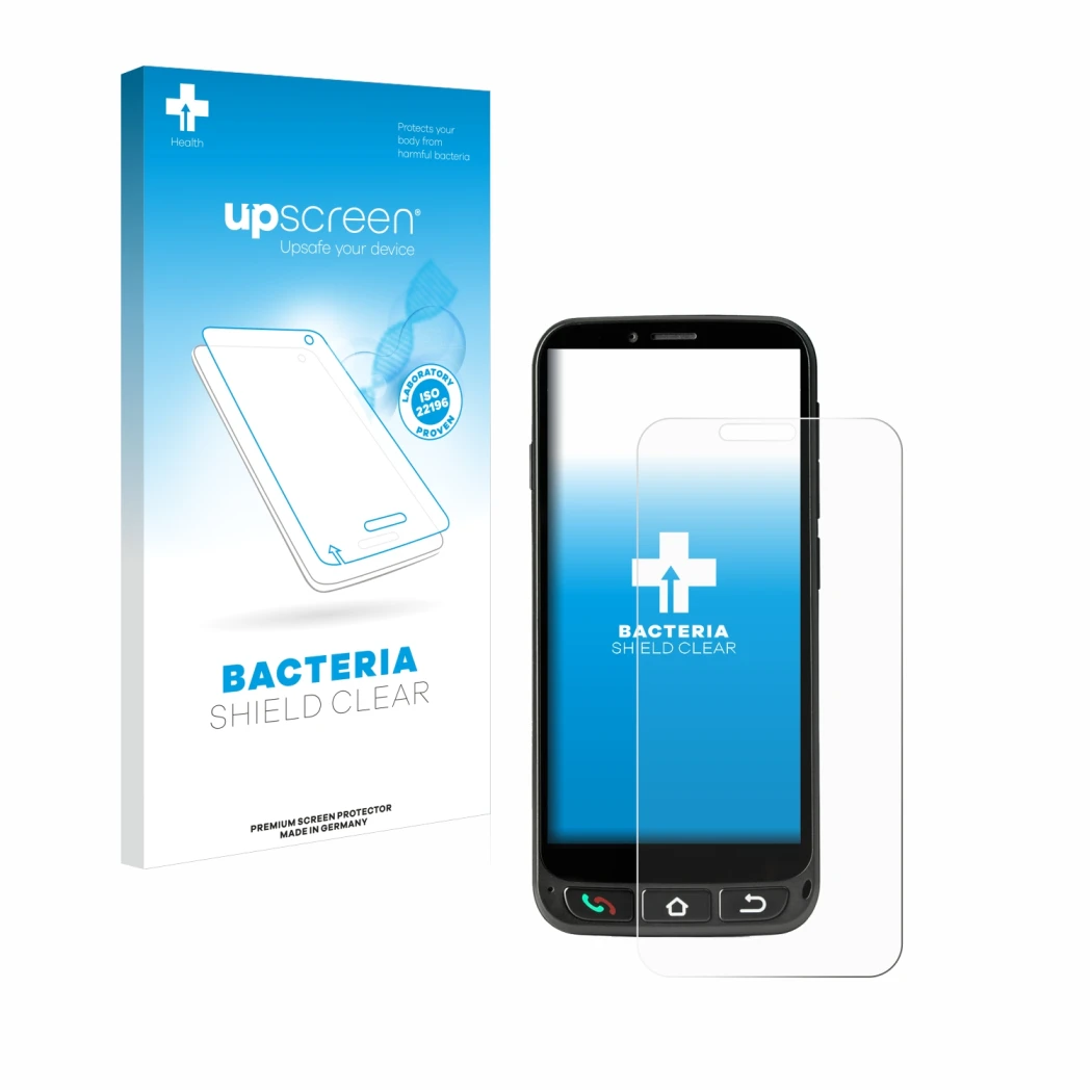 Face avant d’un emballage produit avec le logo de la marque upscreen. À côté, l’appareil SPC Zeus 4G Pro est représenté avec l