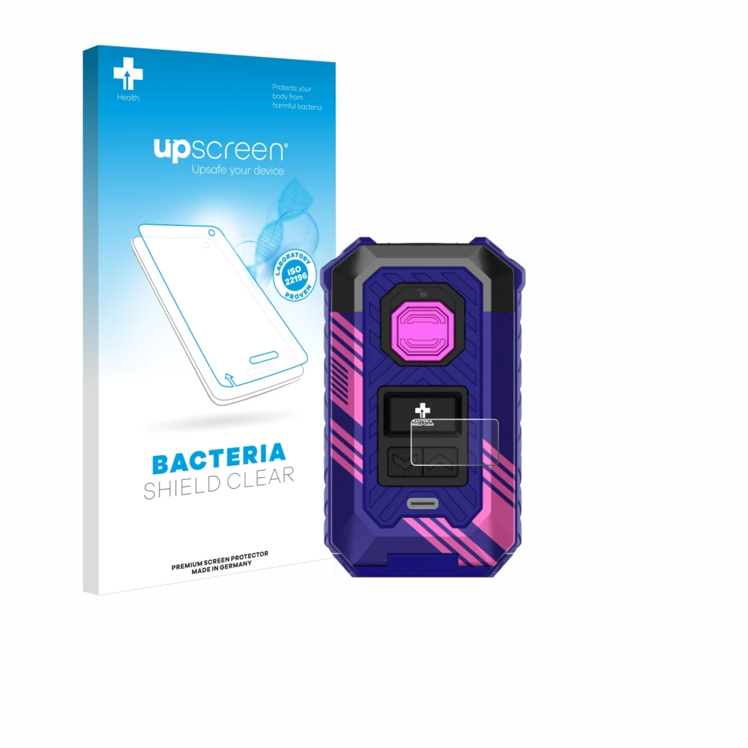 Face avant d’un emballage produit avec le logo de la marque upscreen. À côté, l’appareil Vaporesso Armour Max est représenté a