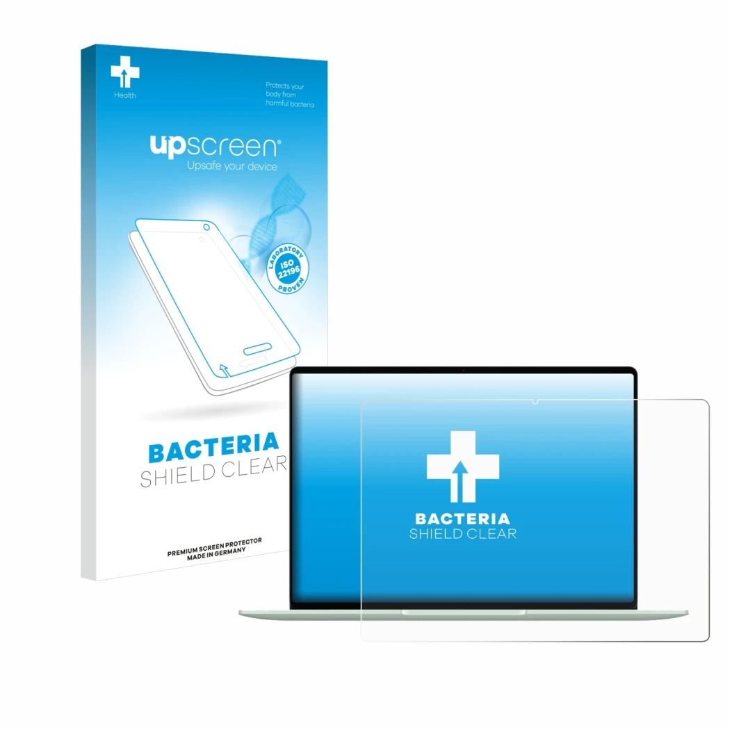 Face avant d’un emballage produit avec le logo de la marque upscreen. À côté, l’appareil Huawei MateBook 14 2024 est représent