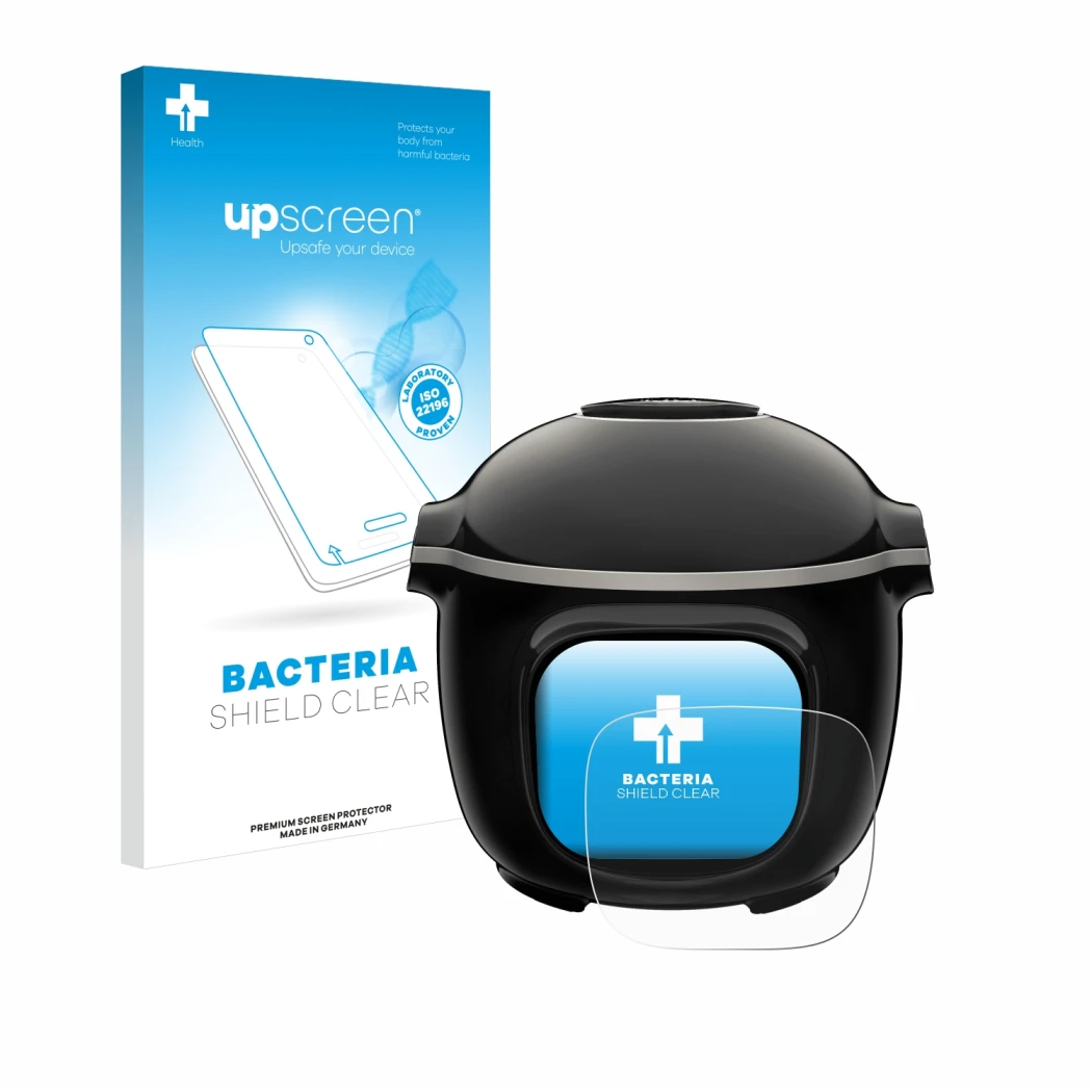 Face avant d’un emballage produit avec le logo de la marque upscreen. À côté, l’appareil Moulinex Cookeo Touch est représenté 