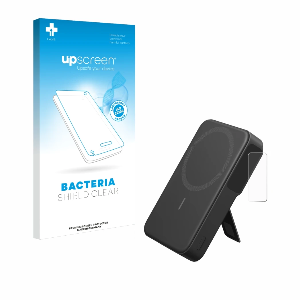 Face avant d’un emballage produit avec le logo de la marque upscreen. À côté, l’appareil Anker MagGo est représenté avec la pr