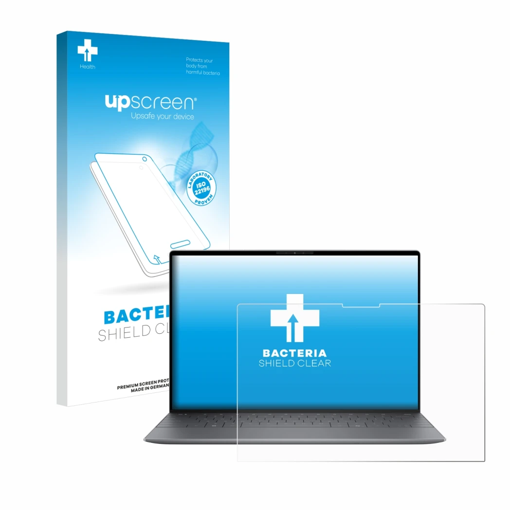 Face avant d’un emballage produit avec le logo de la marque upscreen. À côté, l’appareil Dell XPS 13 9345 est représenté avec 