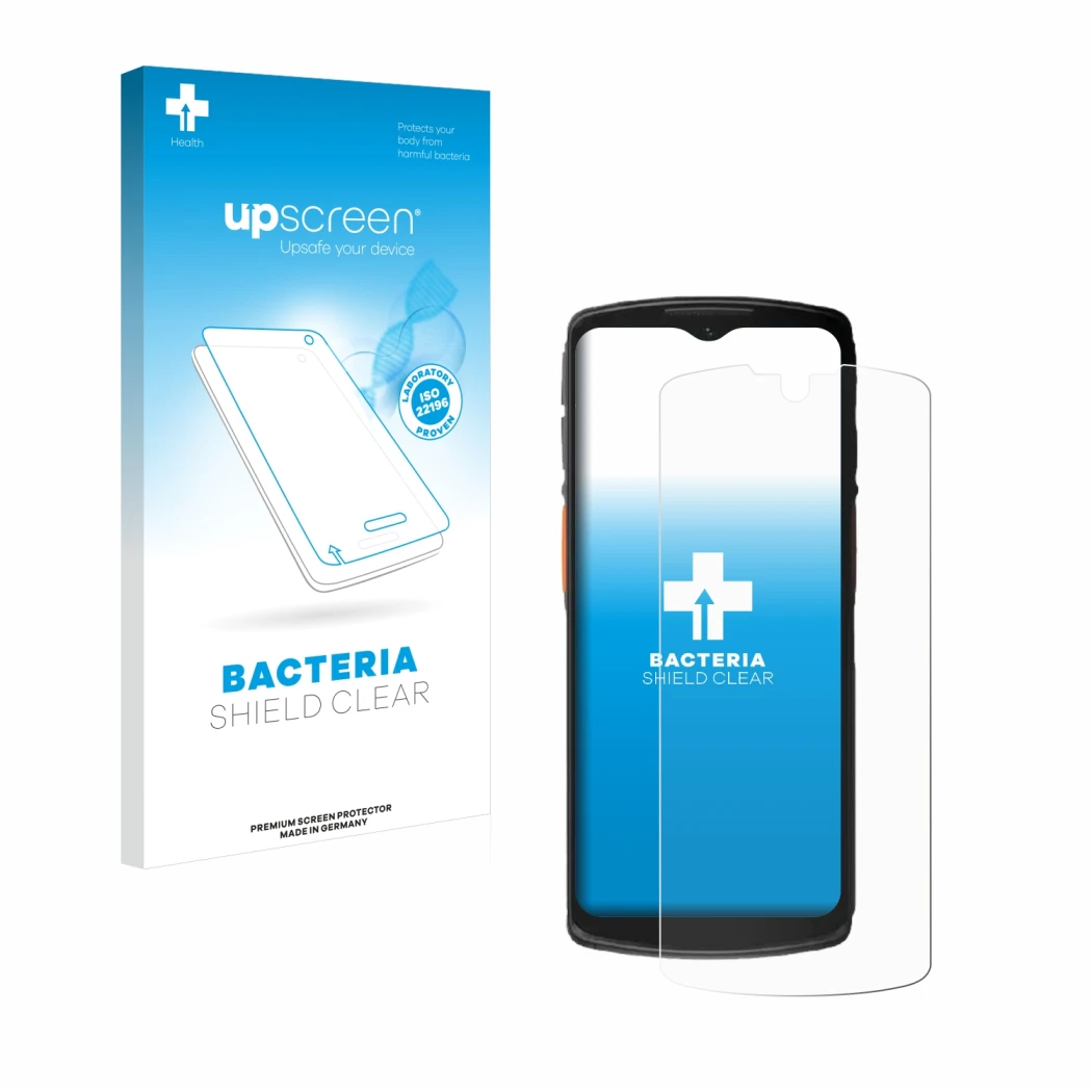 Face avant d’un emballage produit avec le logo de la marque upscreen. À côté, l’appareil Urovo DT66 est représenté avec la pro